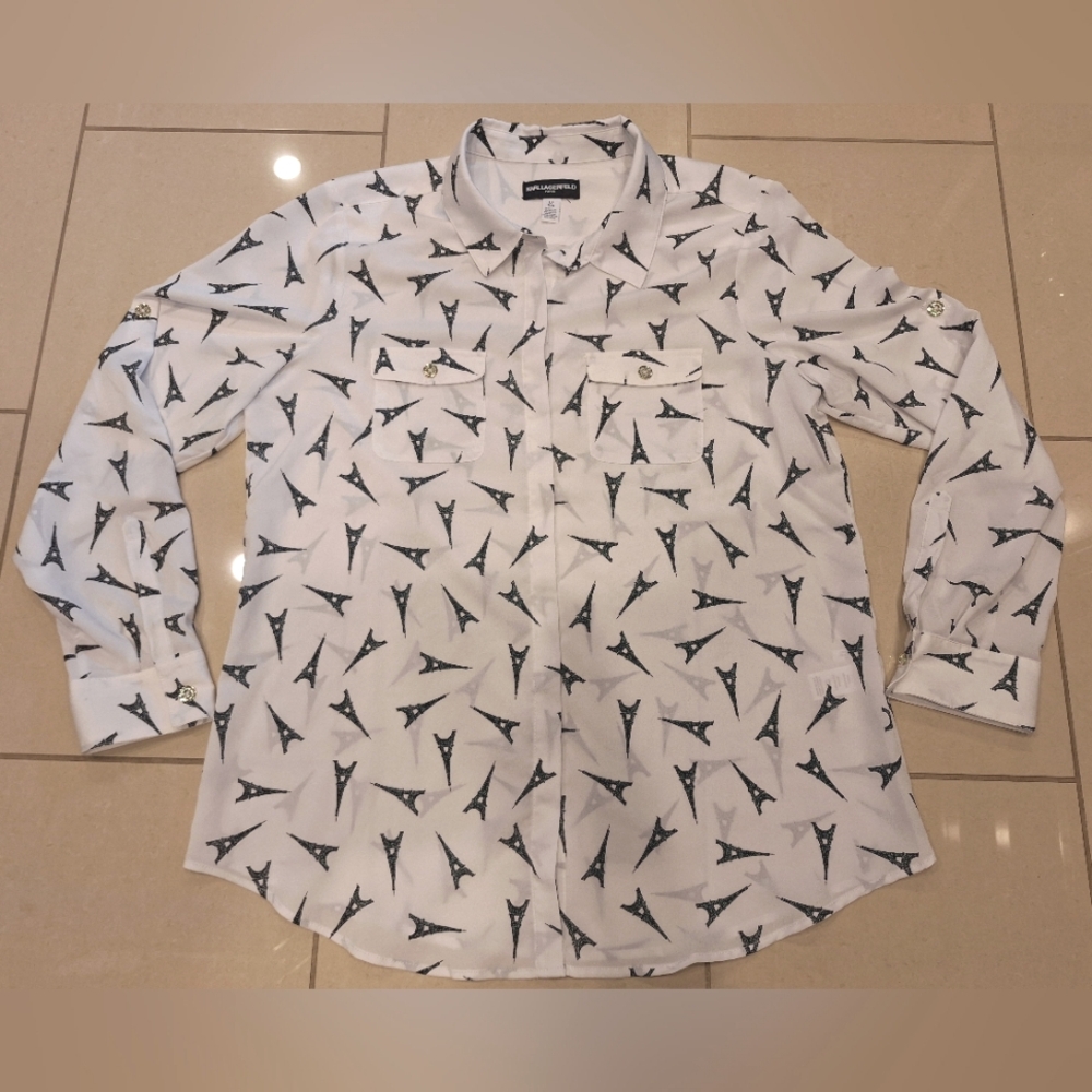 Karl Lagerfeld white eiffel tower print long sleeved button down shirt sz large